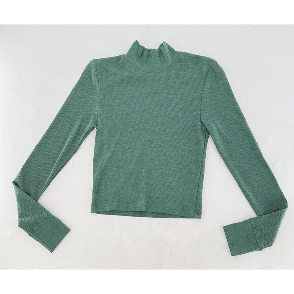 American Eagle Green Ribbed Long Sleeve Mock Neck Crop‎ Shirt Sz M Minimal Boho - Picture 1 of 7